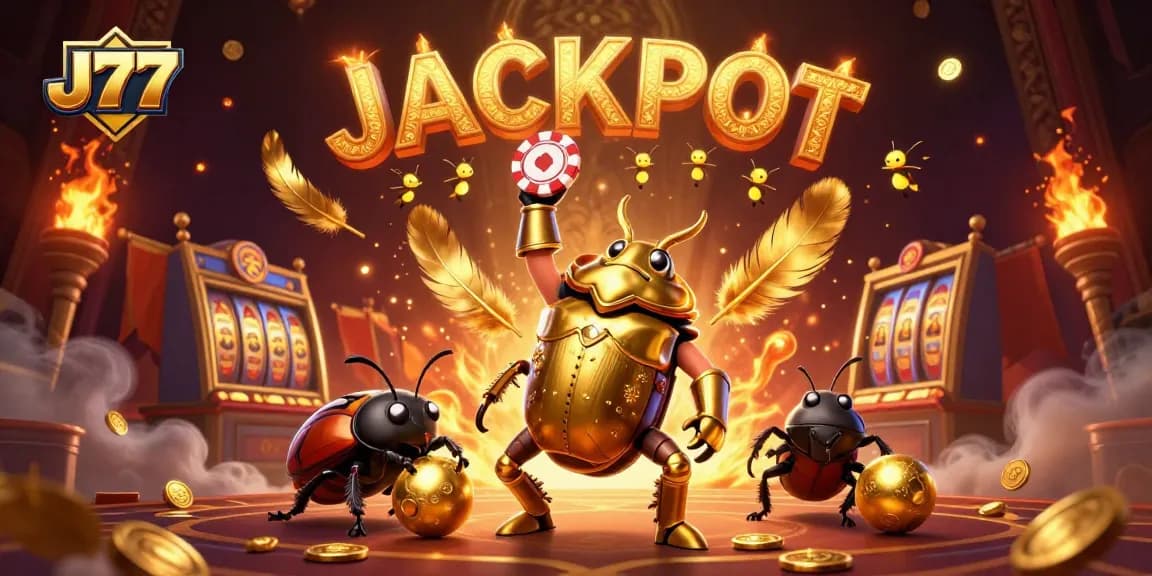 Spin and win with J77 in this vibrant online casino scene featuring colorful characters and golden elements.