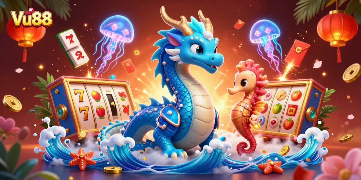 Experience the thrilling excitement of Vu88 with vibrant casino visuals and enchanting characters.