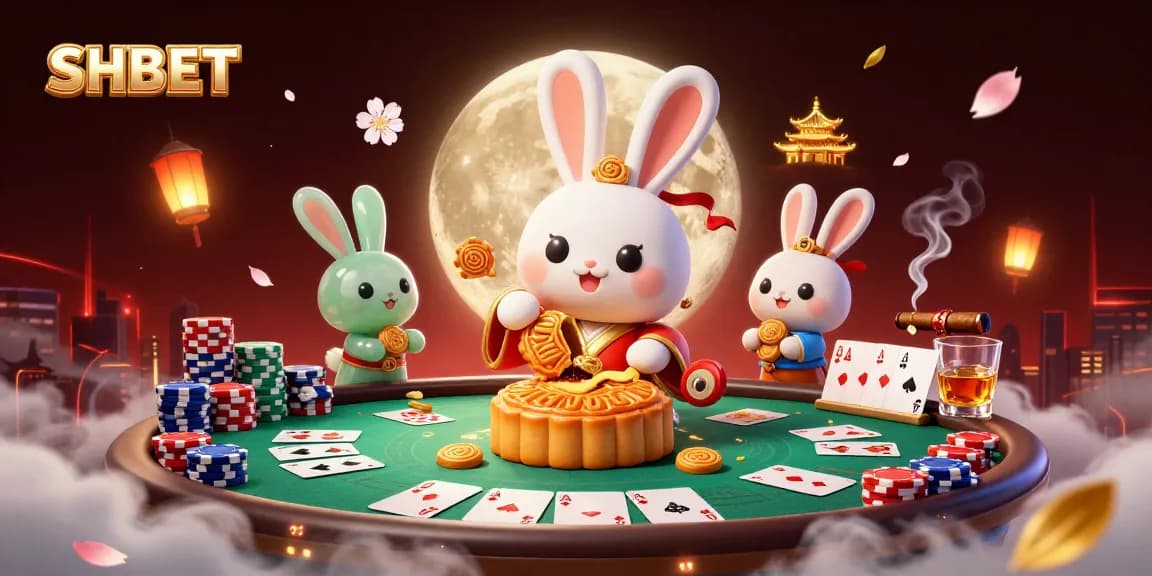 Experience SHBET's vibrant casino world featuring a rabbit and poker elements in an enchanting lunar landscape.