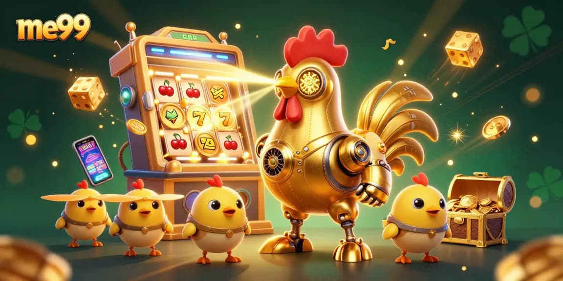 Experience thrilling wins at me99 with a dynamic 3D casino illustration showcasing epic jackpots and lively game action.
