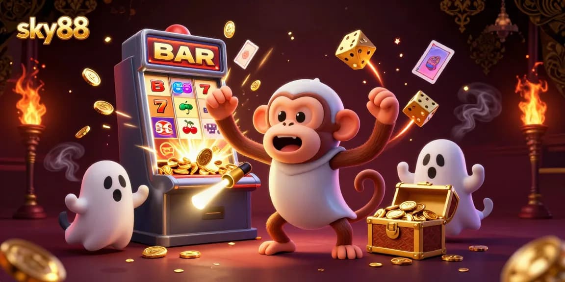 Engage with sky88's exciting haunted casino, showcasing a mischievous monkey and ghost-hunter puppy amidst dazzling jackpots.