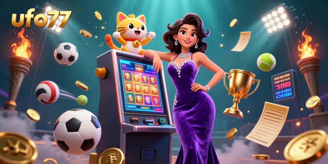 Experience winning thrills with ufo77, featuring a glamorous woman, jackpot slots, and dynamic sports elements.
