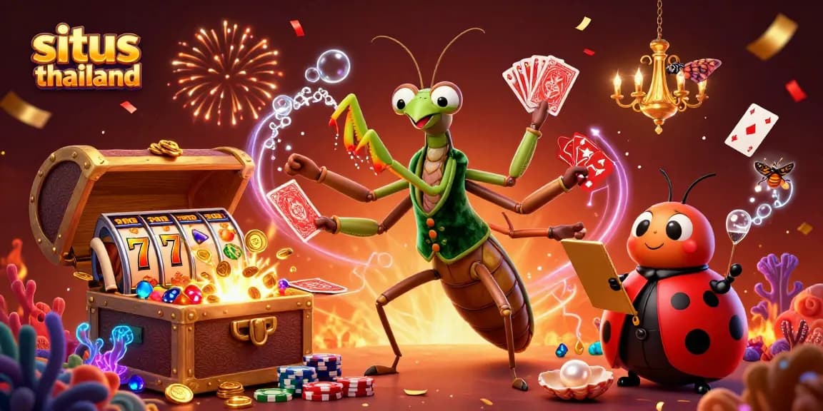 Situs Thailand showcases a vibrant gambling scene with animated characters and slot game elements.