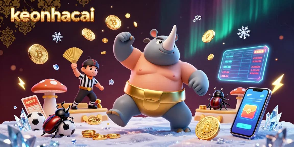 Engage with keonhacai's thrilling sports betting scene featuring a champion beetle surrounded by coins and digital elements.