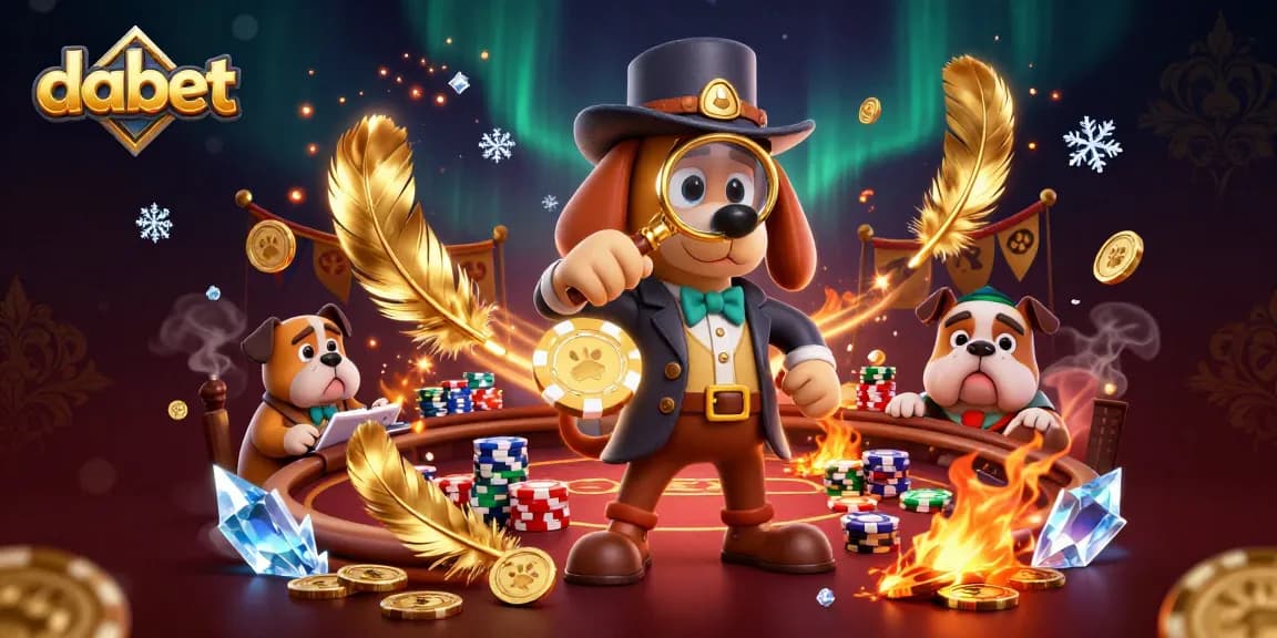 dabet provides an immersive poker scene with a cartoon detective examining gaming clues and chips