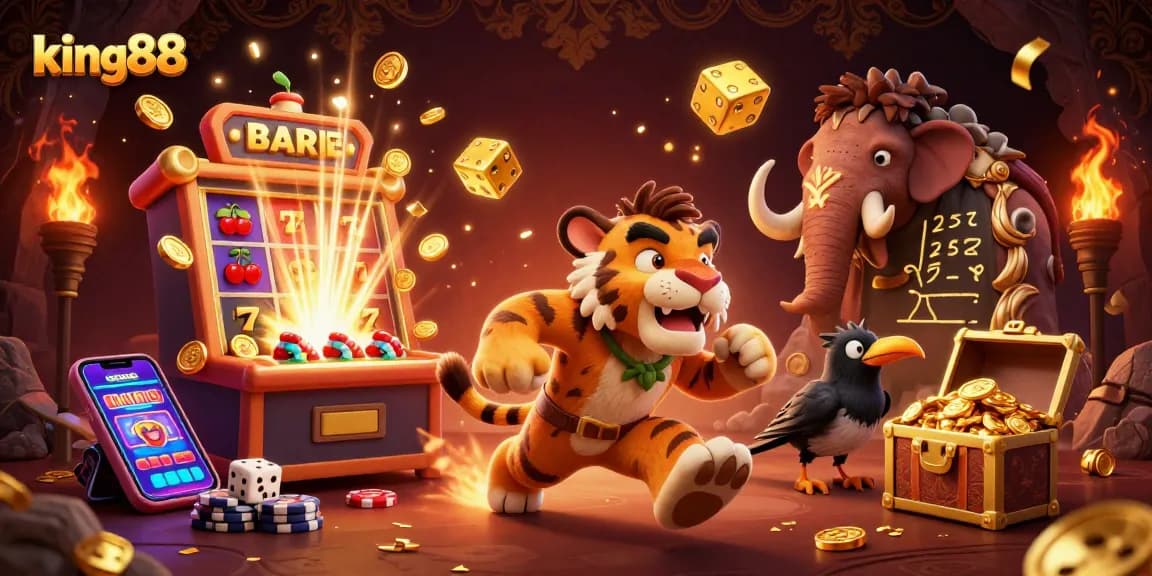 king88 captures the excitement of gambling with a vivid prehistoric casino scene full of action.