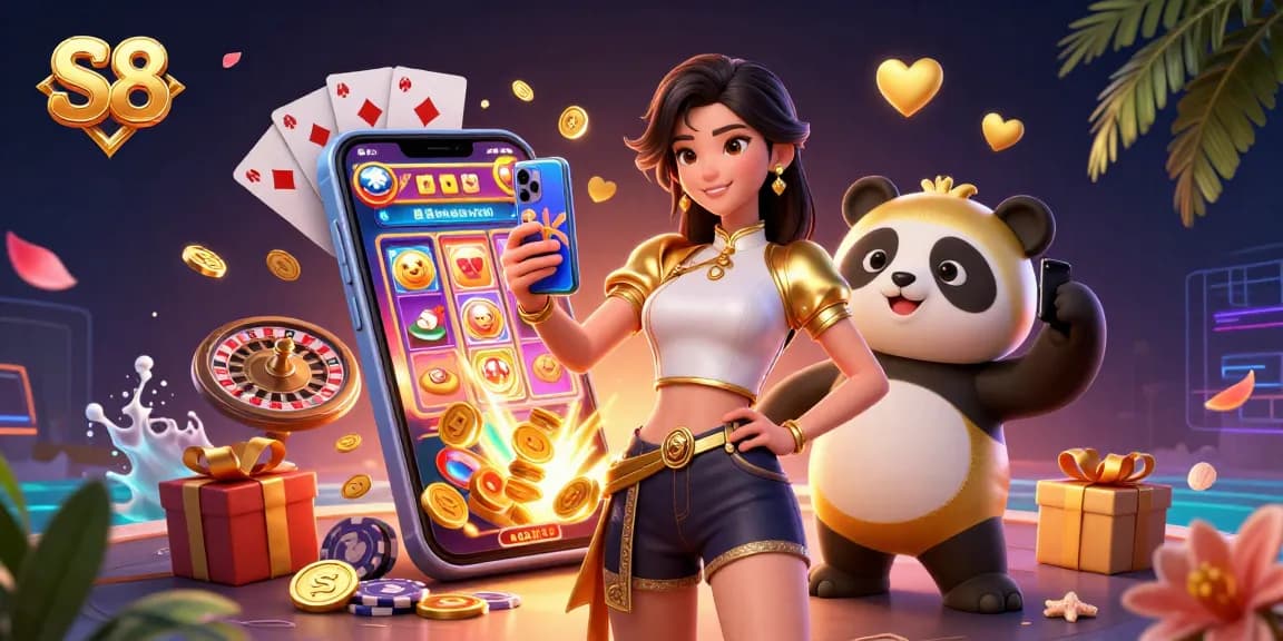 S8 casino scene featuring an Asian woman with a smartphone and panda mascot surrounded by golden coins and vibrant game elements.
