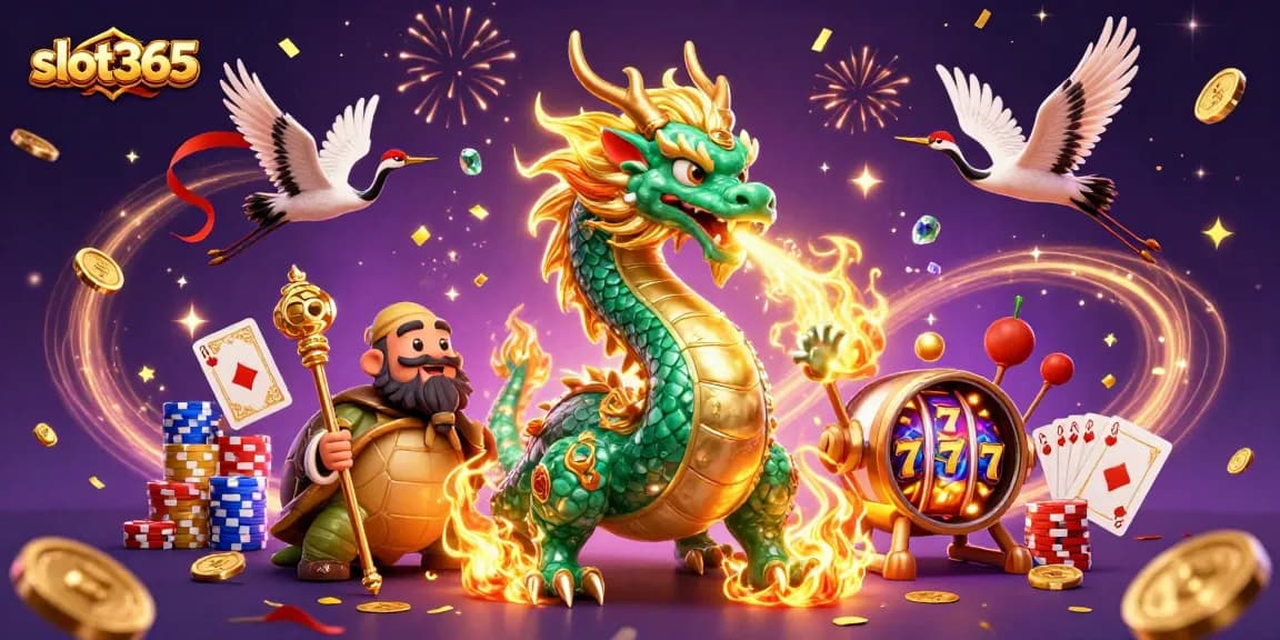 Experience thrilling slots at slot365 with giant dragon and vibrant casino elements in a festive scene.