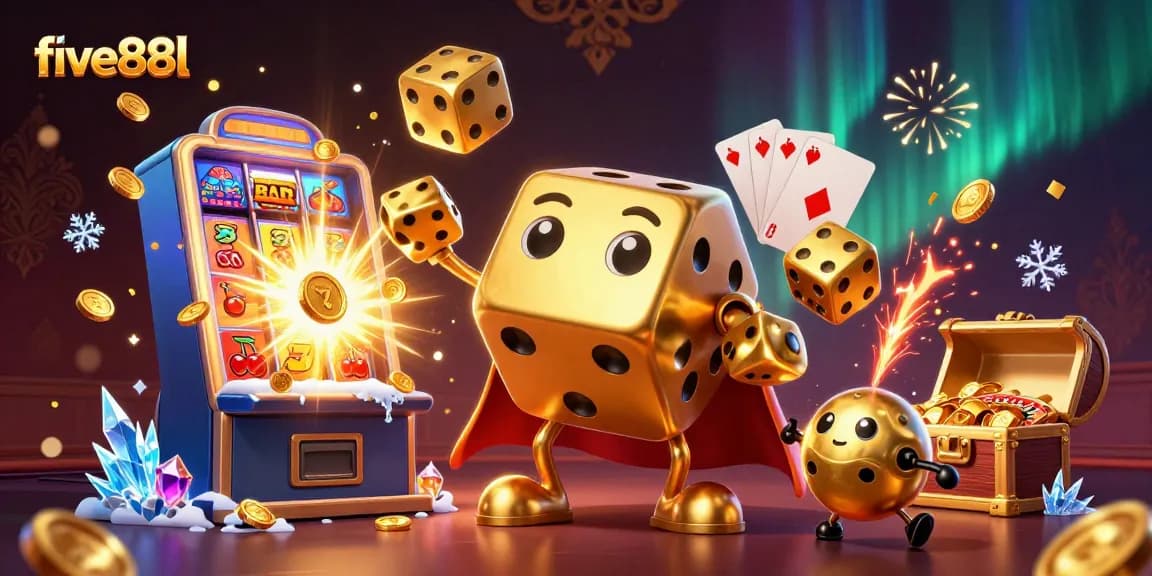 Engage with five88l's thrilling online casino experience featuring dynamic golden dice characters and vibrant game elements.