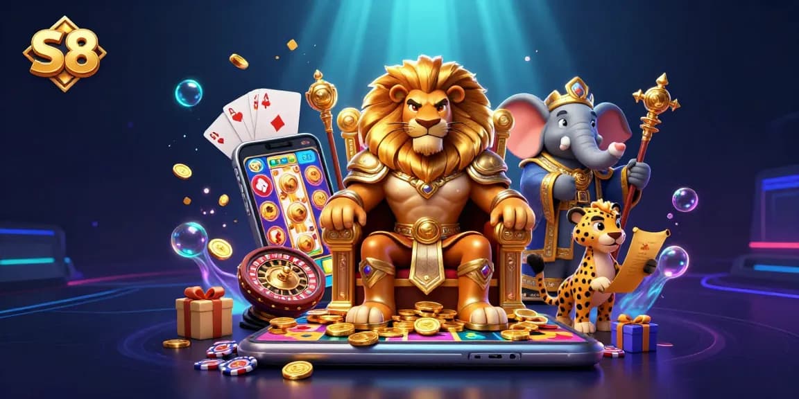 S8 presents a vibrant scene of a king lion and his advisors amidst dynamic casino games and festive elements.