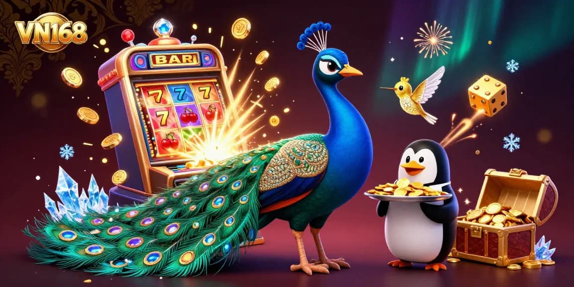 Experience thrilling gaming at VN168 with a vibrant 3D casino illustration of characters and jackpots.