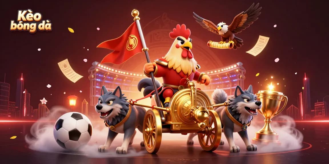 Kèo bóng đá sports betting scene featuring a rooster warlord, betting slips, and a trophy.
