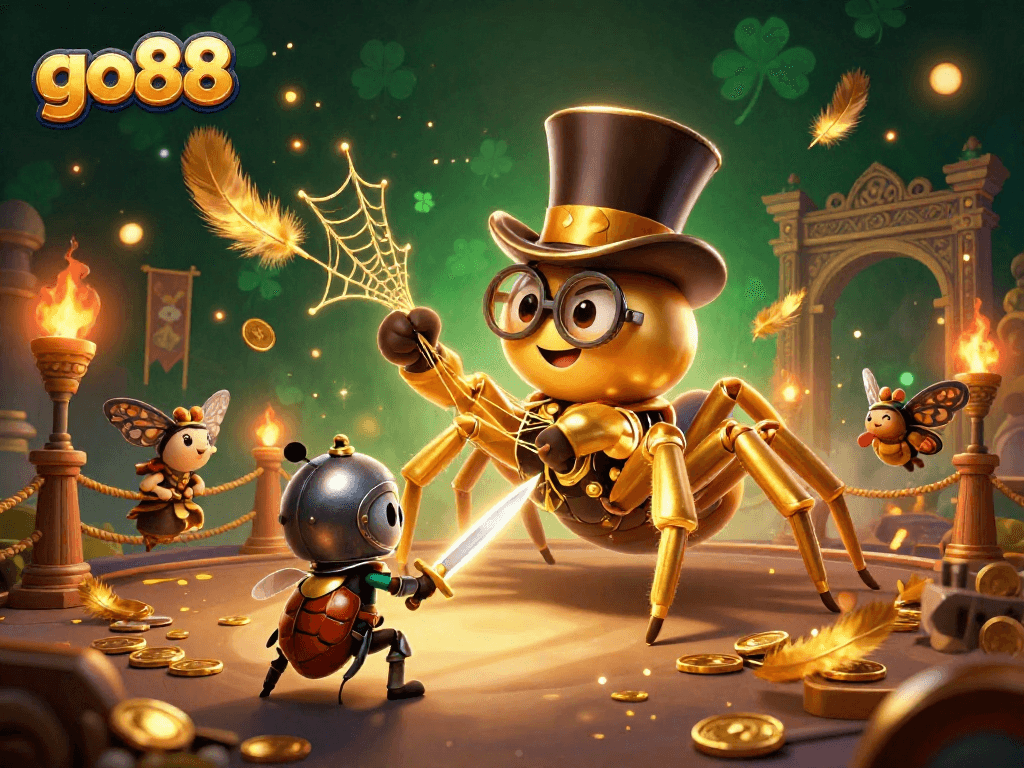 Engage with thrilling go88 casino action featuring a giant golden tarantula and beetle knight.