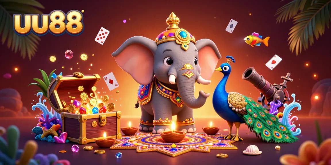 Join the fun at uu88 with vibrant casino-themed illustrations featuring playful characters and glittering treasures.