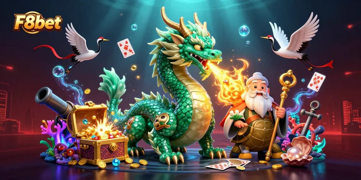 Join the action with F8bet as a jade dragon and lucky cranes decorate a vibrant casino world.