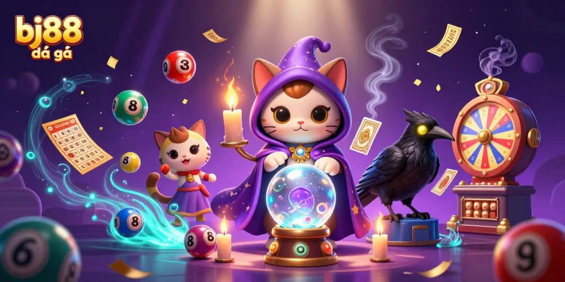 Experience bj88 đá gà with an enchanting illustration of mystic characters amidst vibrant gambling elements.