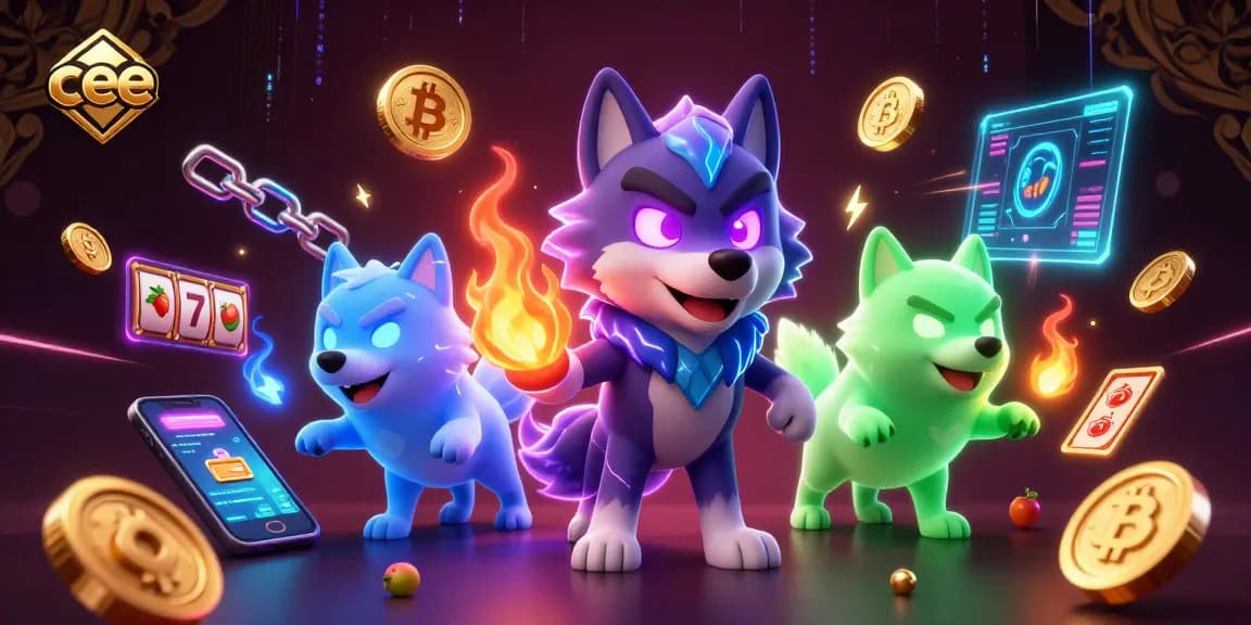 Join the exciting action at cee's online casino with a vibrant scene of crypto elements and slot games.