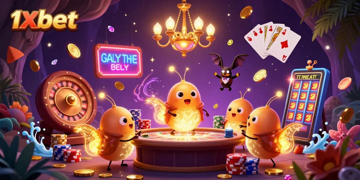 Experience thrilling games at 1xbet with a vibrant animated cave casino scene full of winning possibilities.