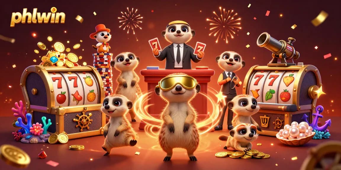 Engaging meerkats at Phlwin casino showcase vibrant gameplay with slot reels, treasure, and excitement.