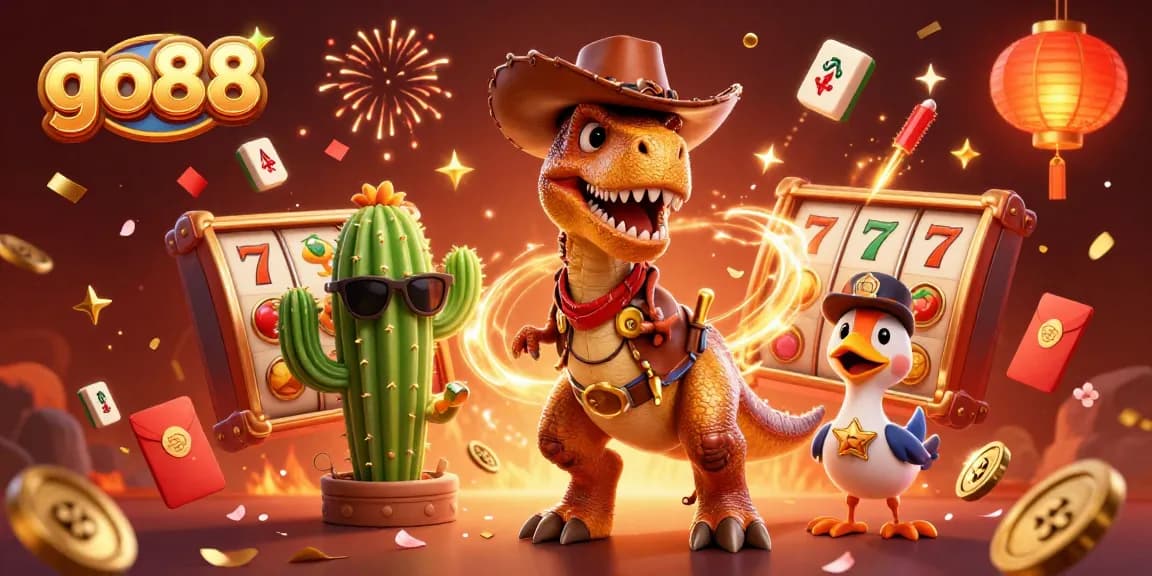 Experience thrilling wins with go88 at the lively slot scene featuring a cowboy dinosaur.