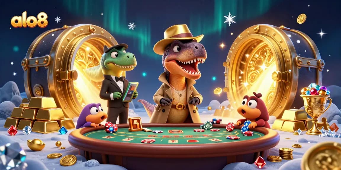 ALO8's velociraptor card counter strategizes at blackjack, while treasures burst forth in a captivating casino scene.