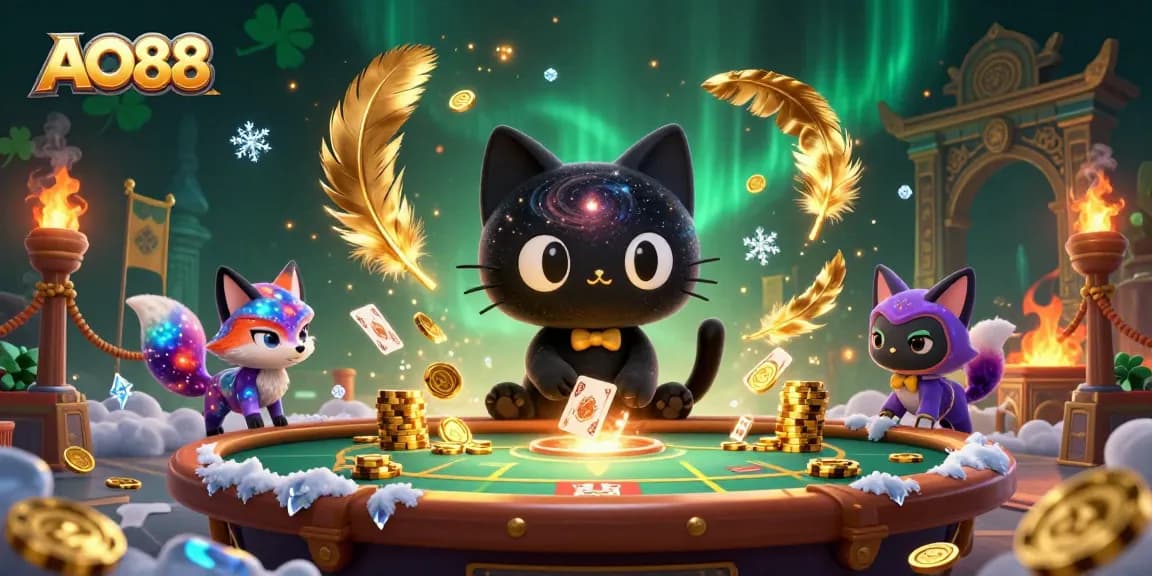 Experience exhilarating gameplay at AO88 with vibrant cosmic characters and dynamic casino elements surrounding them.