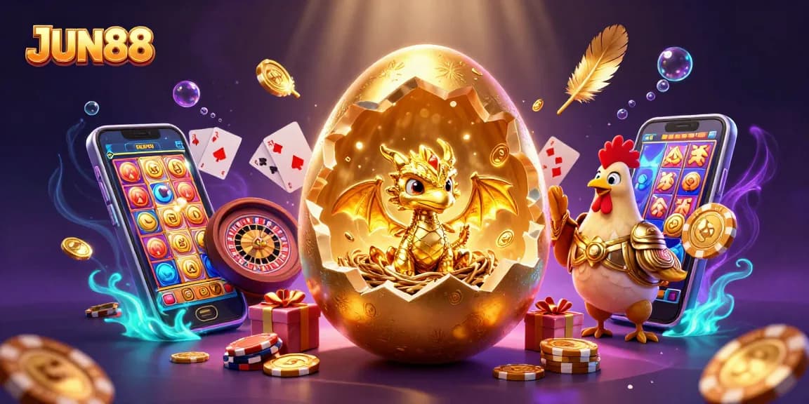 Experience thrilling gameplay with JUN88's vibrant golden dragon and dynamic casino elements.