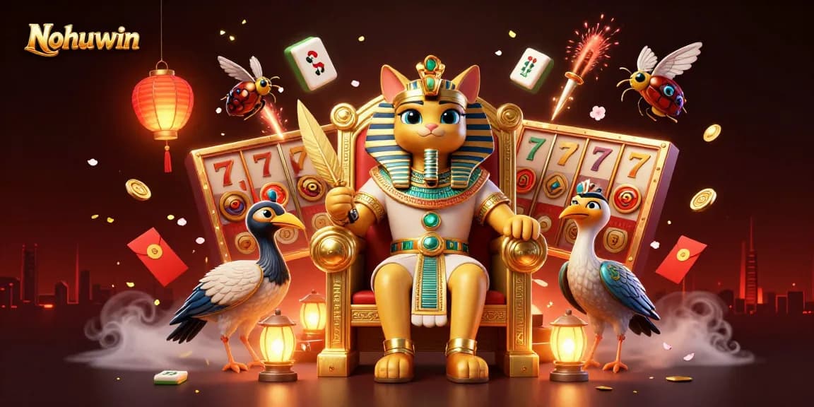 Engage with Nohuwin's vibrant online casino experience featuring a pharaoh cat and gaming elements.