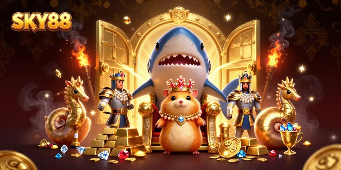 Experience the excitement of SKY88 with a cartoon illustration featuring a golden hamster king amid stunning treasure and casino elements.
