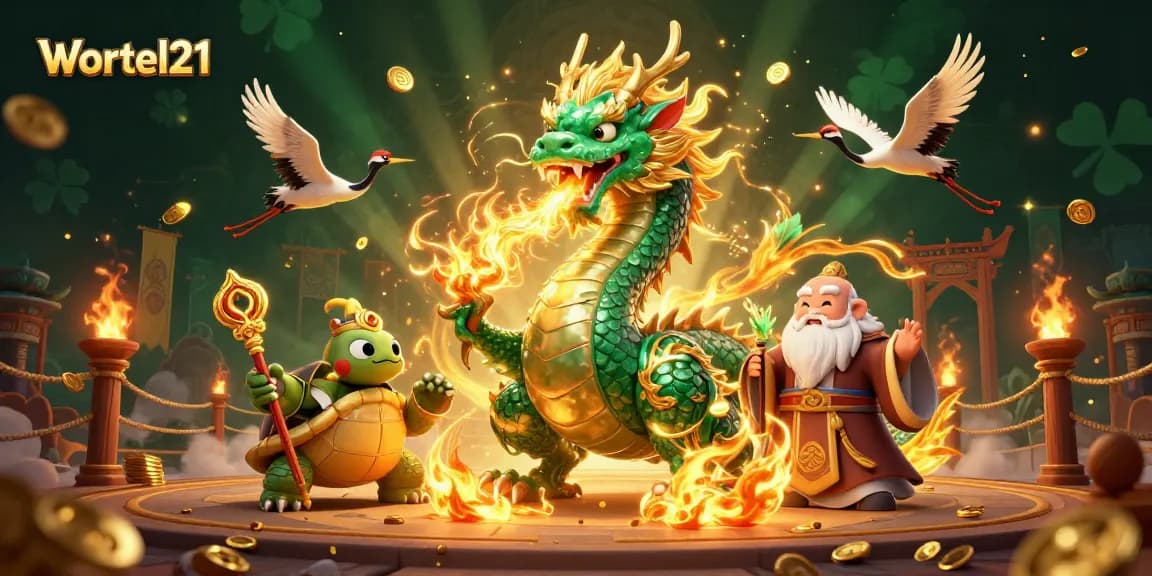 Wortel21 features a thrilling casino scene with a dragon and sage amidst gold coins and dynamic gambling elements.