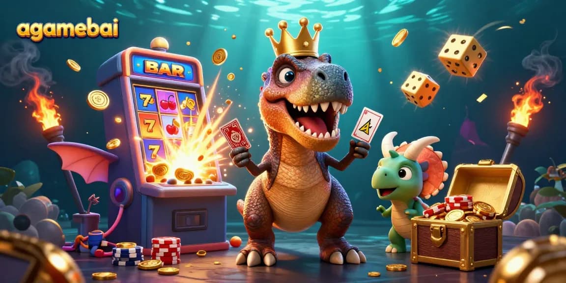 Experience the thrill of gaming at agamebai with a 3D dinosaur-themed casino illustration showcasing playful characters in action.