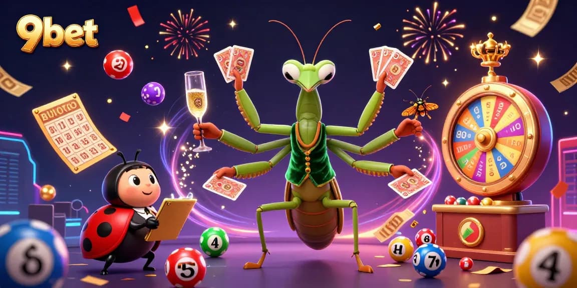 Experience thrilling action at 9bet with vibrant lottery elements and casino characters in a dynamic scene.