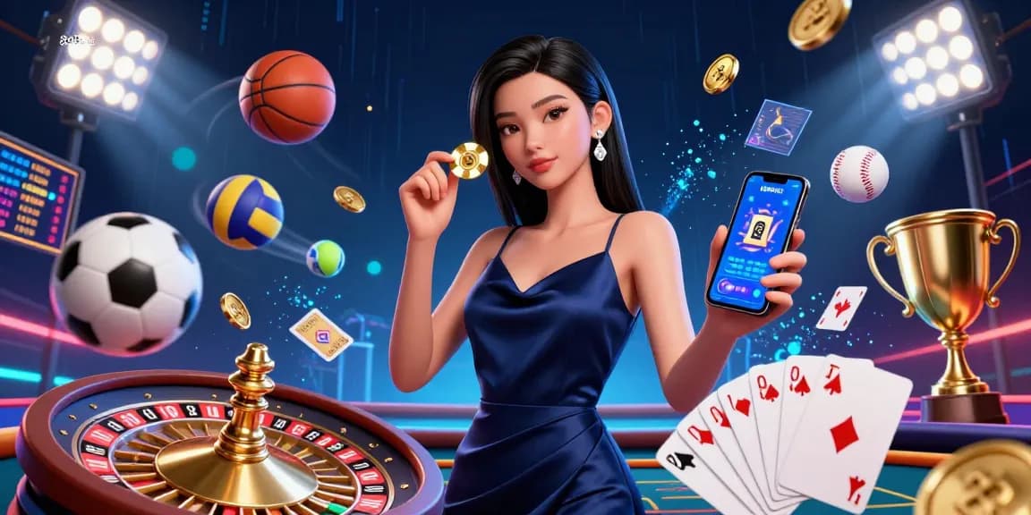 Experience the thrill of 8xbet with this dynamic casino scene featuring an Asian woman holding a chip and a casino app.