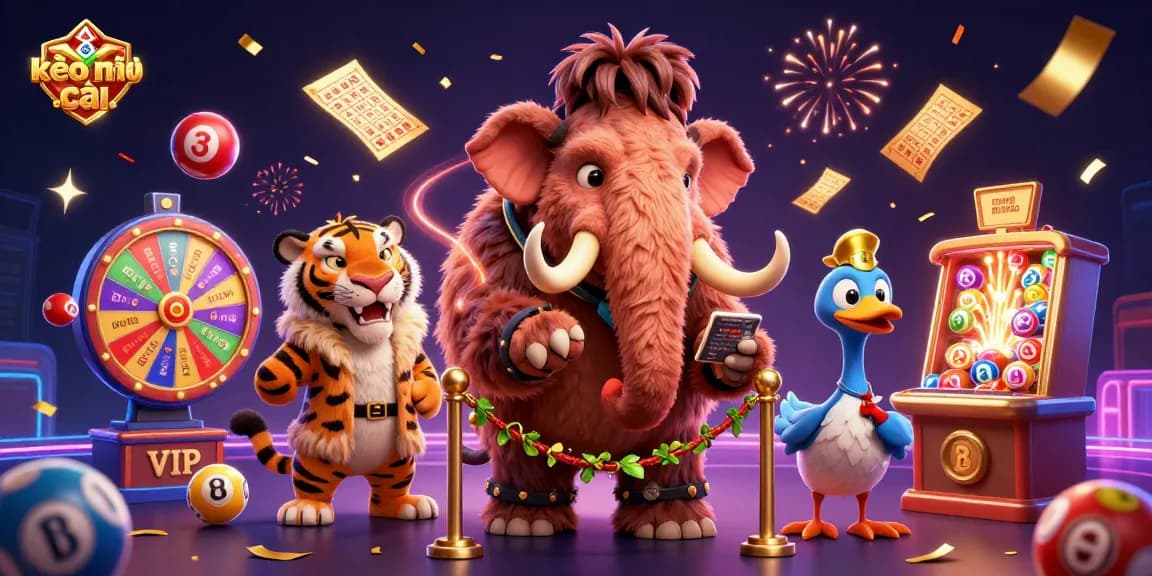 Engage with kèo nhà cái through vibrant characters and dynamic lottery games in this colorful illustration.
