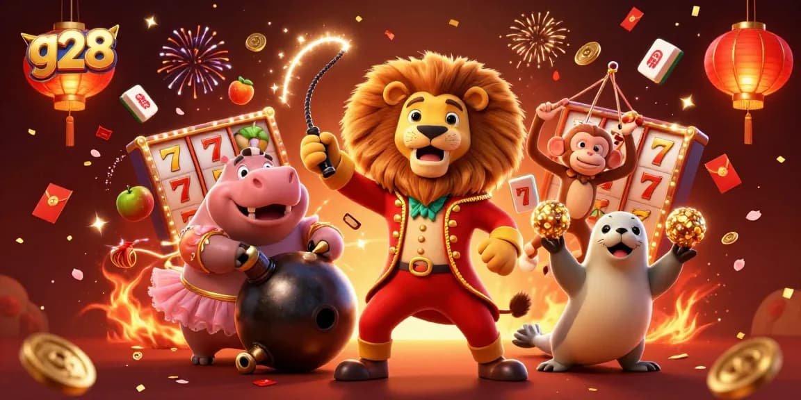 Experience thrilling slot action with g28, featuring a circus lion, hippo, and monkey in a dynamic 3D scene.