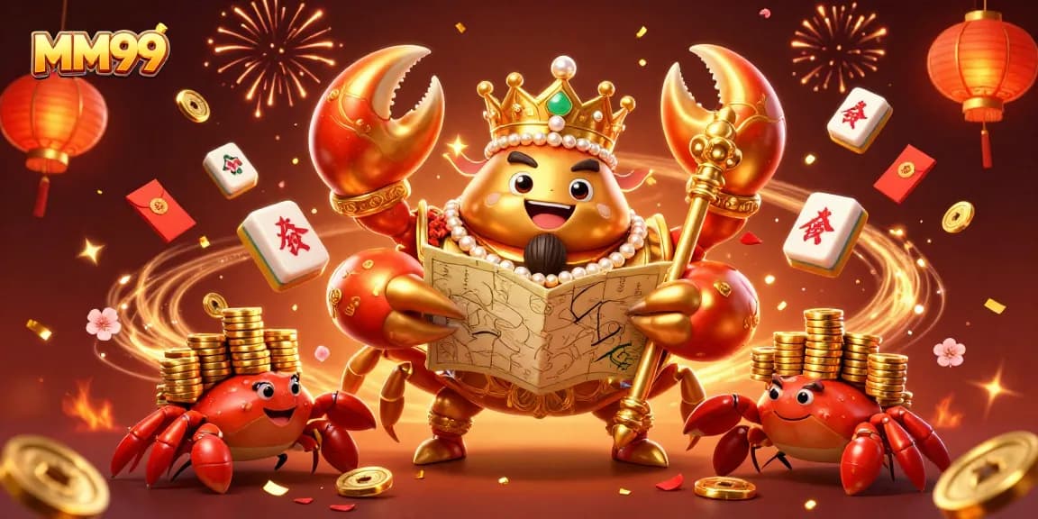 Join the excitement of MM99 Casino with the golden crab emperor amidst festive elements.