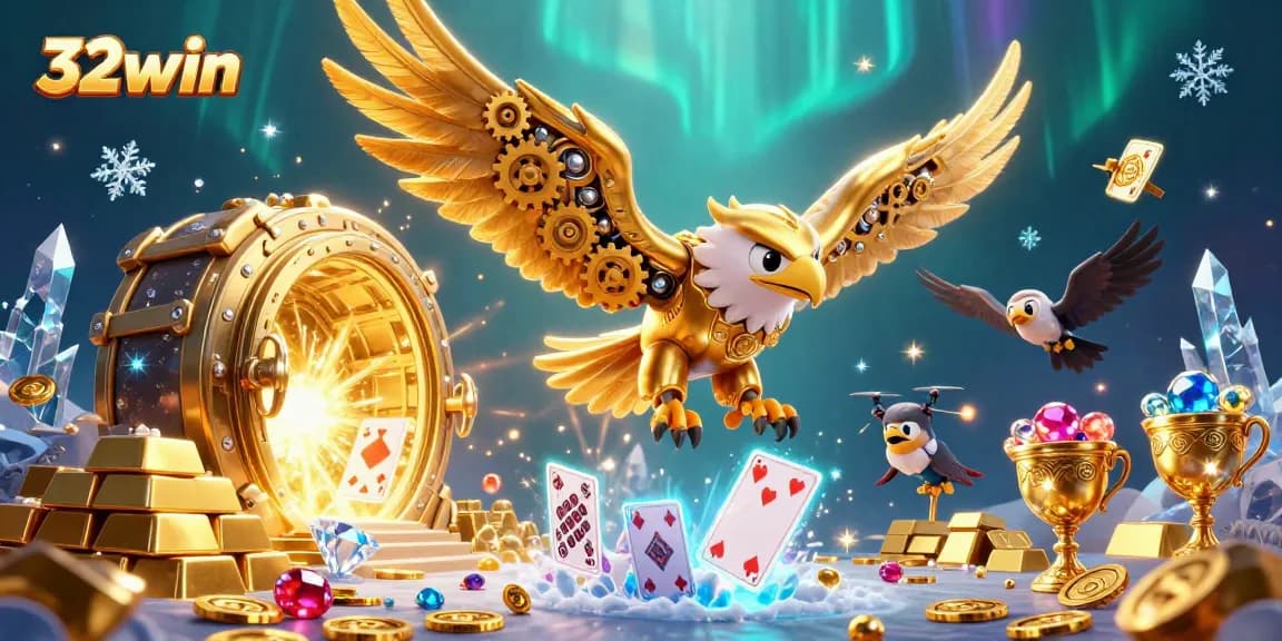 Experience thrilling gameplay with the 32win cybernetic eagle amidst dazzling casino treasures.