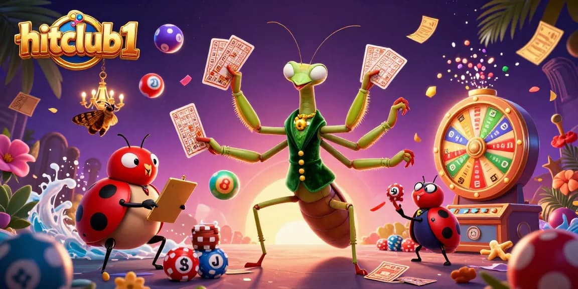 Engage with hitclub1's dynamic casino scene featuring a giant praying mantis card sharp and vibrant lottery elements.