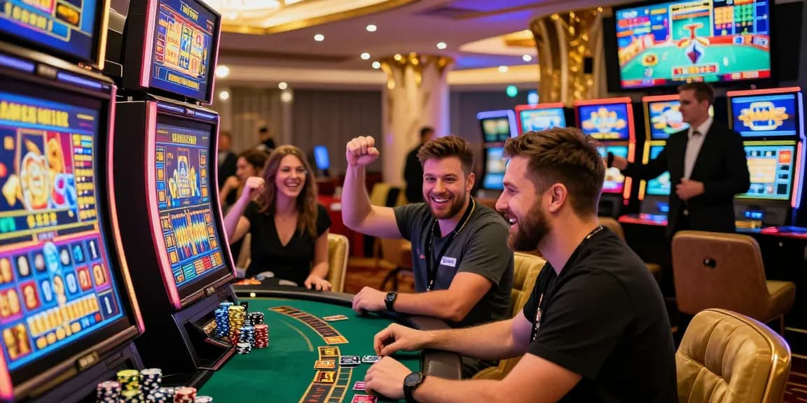 Exciting gaming atmosphere at credit card casinos featured on being-there.org.uk, showcasing players enjoying slots and wins.