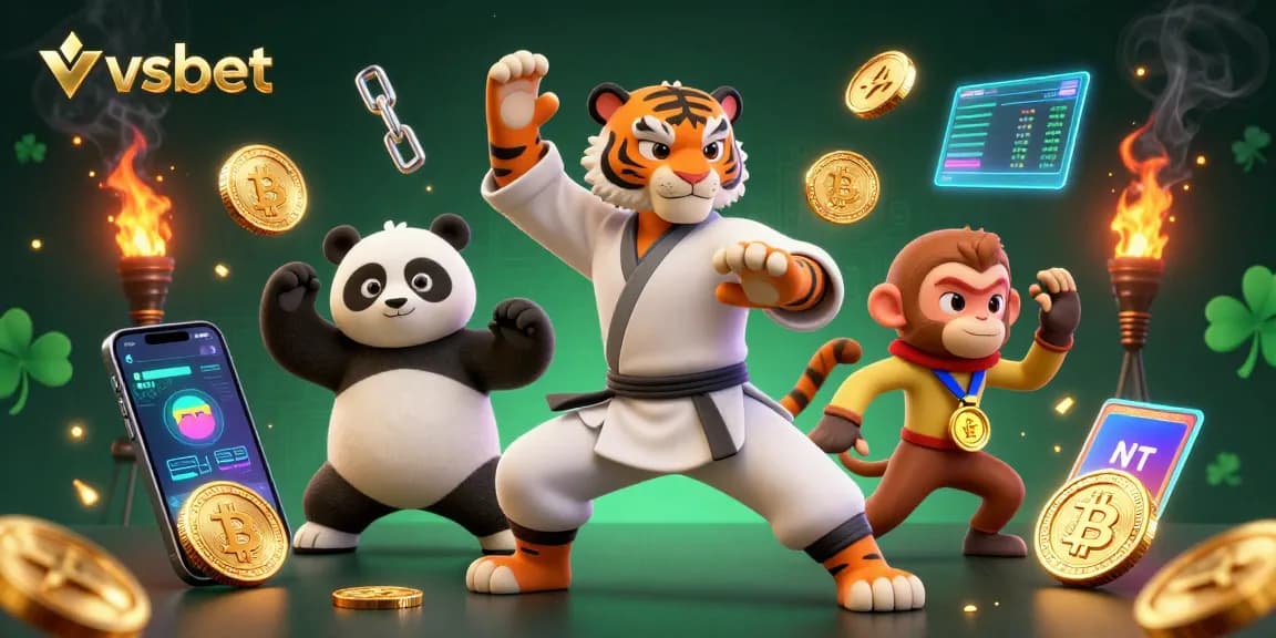 This vibrant scene showcases a kung fu tiger and panda practicing at vsbet among floating crypto coins.