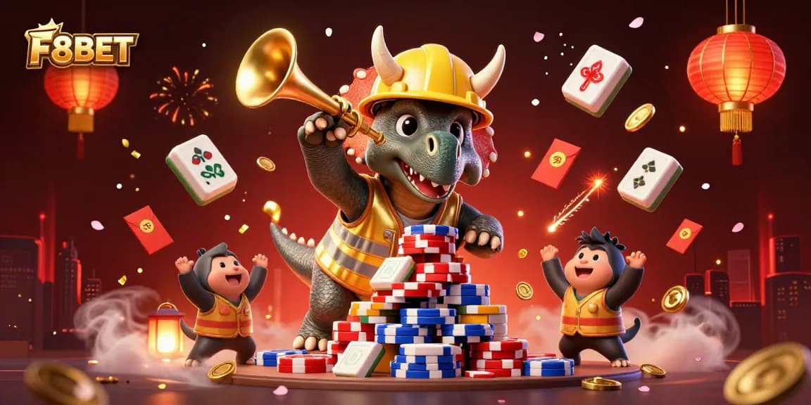 F8BET showcases an exciting and vibrant casino scene with dinosaurs celebrating amidst gaming elements.