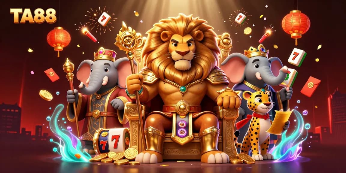 Experience the excitement of TA88 with a vibrant casino-themed 3D illustration spotlighting lion king and game elements.
