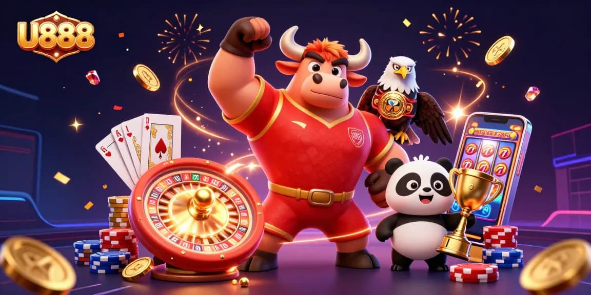Experience the excitement of U888 with our vibrant casino scene featuring iconic characters and thrilling games.