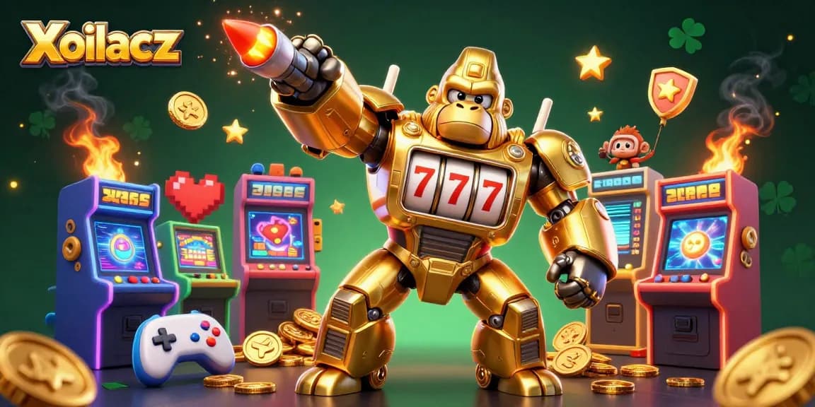Xoilacz features an explosive golden mech amidst vibrant arcade games and coins.