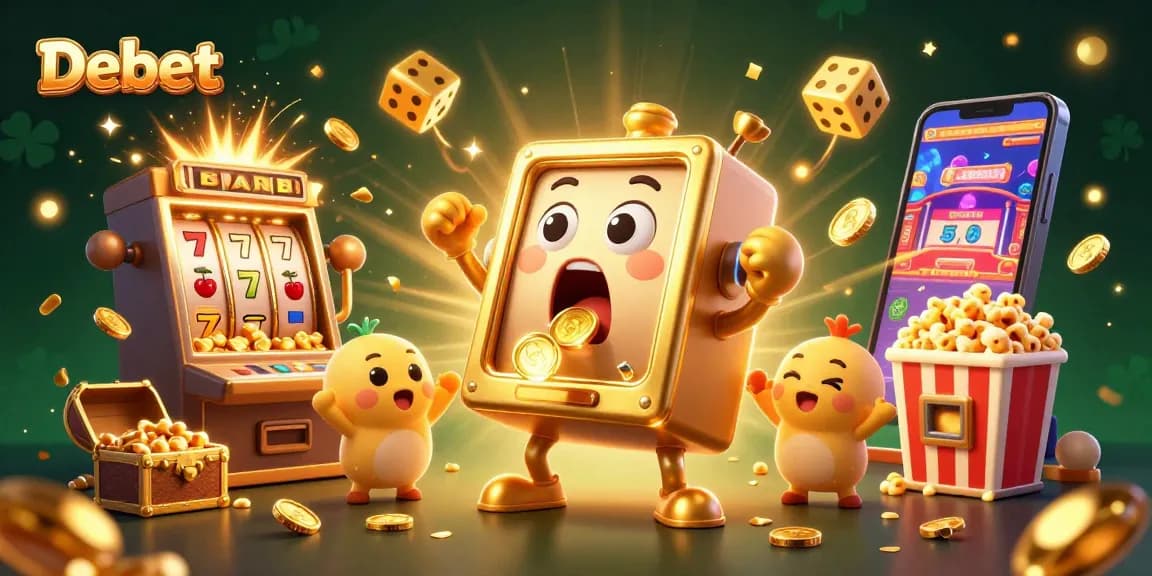 Engage in thrilling slots action with Debet's golden slot machine hitting a jackpot, surrounded by cheering companions.