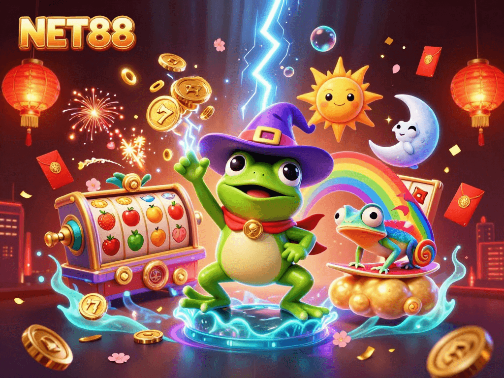 NET88 captivates with a vibrant 3D illustration showcasing a storm of golden coins, slot reels, and lively characters.
