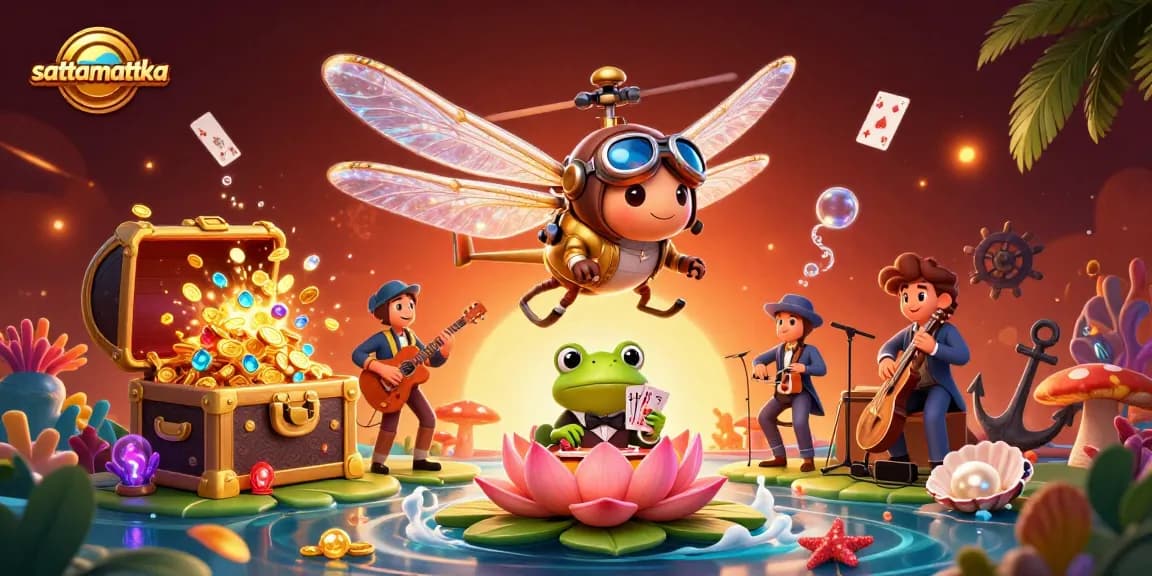 Sattamattka action scene showcasing a dynamic casino atmosphere with a dragonfly pilot, frog croupier, and vibrant game elements.