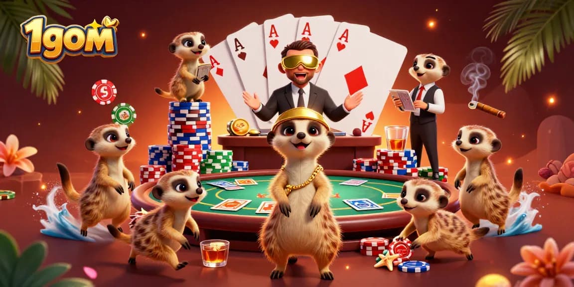 1gom meerkats orchestrating a vibrant casino scene with poker and chips.