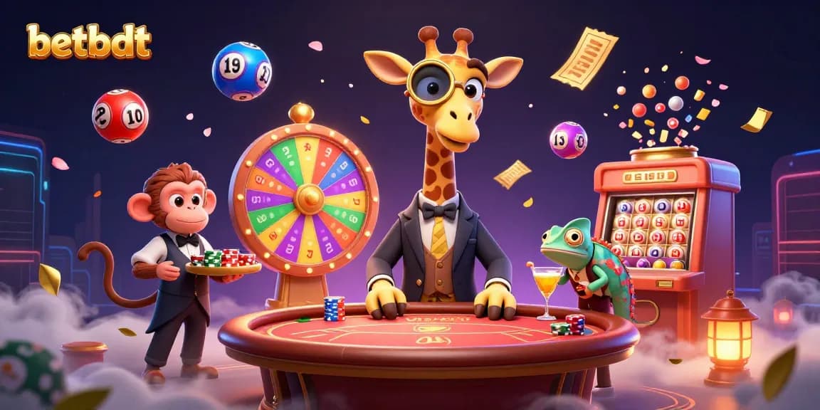 Join the excitement at betbdt as vibrant lottery balls bounce around a high-roller giraffe at the poker table.