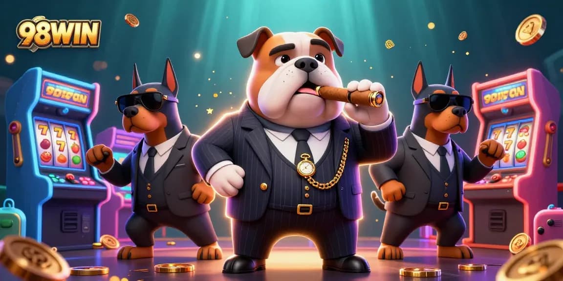 Join the action at 98WIN with a cartoon mafia-themed casino scene featuring vibrant game elements.